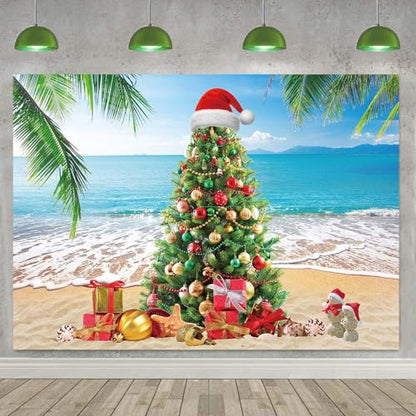 Summer Christmas Tree Backdrop Tropical Beach Xmas in July Photography Background Palm Leaves Blue Sky Ocean Christmas Family Holiday Party Photo Backdrop (10x8FT(120x96 inch)) - size: 10x8FT(120x96 inch)