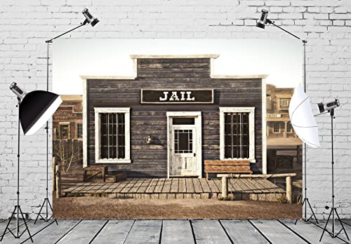 BELECO Fabric 10x8ft Western Jail Backdrop Rustic Western Town Wooden Prison Backdrop Wild West Cowboys Photo Background Police Jail Party Decorations Halloween Jail Prison Decor Studio Props - size: 10x8FT