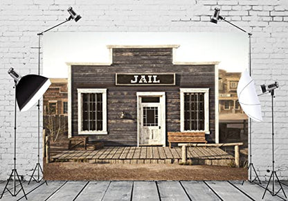 BELECO Fabric 8x6ft Western Town Rustic Western Town Wooden Prison Backdrop Wild West Cowboys Photo Background Police Jail Party Decorations Halloween Jail Prison Decor Studio Props - size: 8x6FT