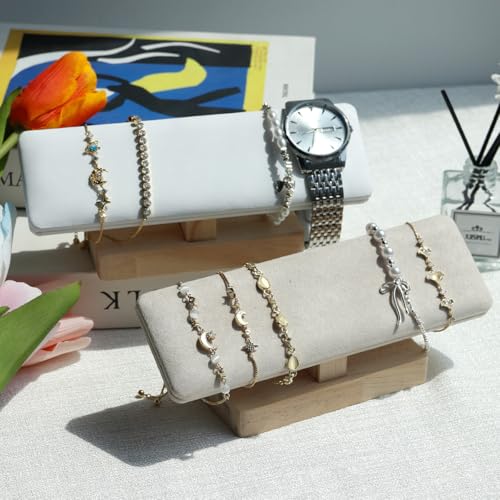 Wooden Watches Display Stands Base Watch Necklace Bracelet Organizer Rack Bangle Scrunchie Headband Showcase Stands Exterior Beige PU - color: Flat PU Beige