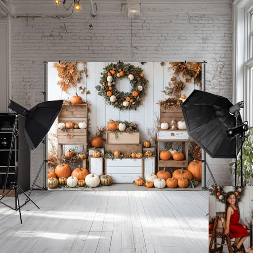 Kate Fall Pumpkins Wreath White Wood Box Backdrop Photo Background Studio Props,7x5ft