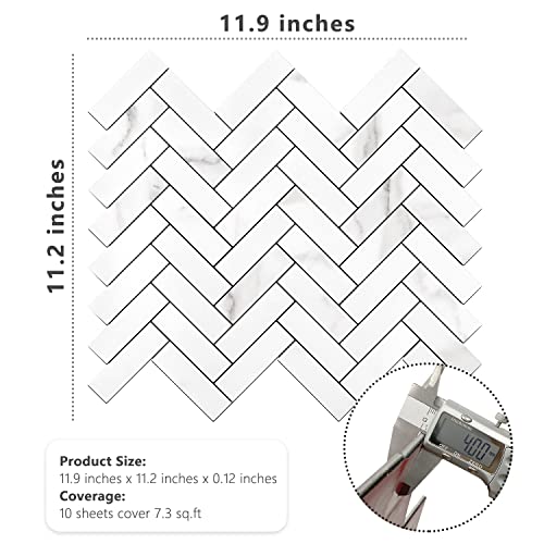 STICKGOO 10 Sheets Herringbone Peel and Stick Backsplash, Stick on Aluminum Composite PVC Kitchen Backsplash, Marble White Mixed Light Grey Look Self Adhesive Wall Tiles - color: Calacatta