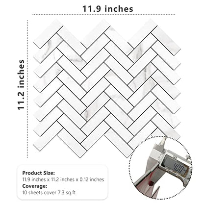STICKGOO 10 Sheets Herringbone Peel and Stick Backsplash, Stick on Aluminum Composite PVC Kitchen Backsplash, Marble White Mixed Light Grey Look Self Adhesive Wall Tiles - color: Calacatta