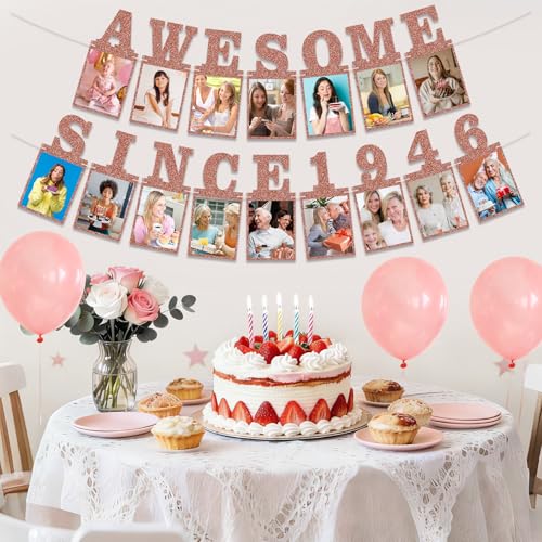 Pre-strung Awesome Since 1946 Photo Banner Birthday Decorations for Women- Pink Rose Gold Glitter 80th Birthday and Anniversary Decorations Party Supplies - style: Pink Rose Gold 80th