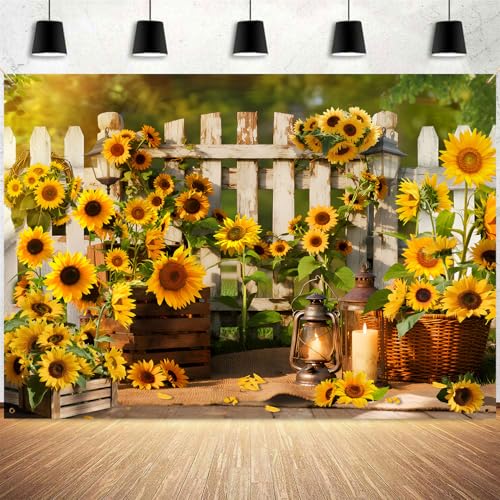 Rustic Sunflowers Backdrop Rustic Wooden Fence Sunflower Floral Photography Background for for Girls Woman Garden Party Banner Decoraitons Portrait Photo Booth Studio Props 10x7ft FU042DX - size: 10x7ft