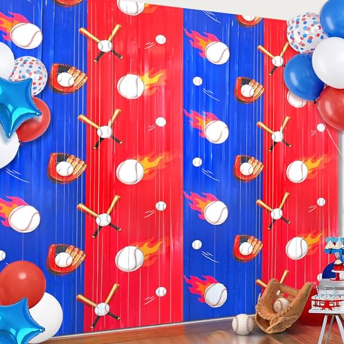 2Pack Baseball Backdrop Banner Baseball Birthday Party Decorations Supplies for Boys Kids, Sports Themed Party Decorations Blue White Red Tinsel Backdrop Foil Fringe Curtains Door Streamers