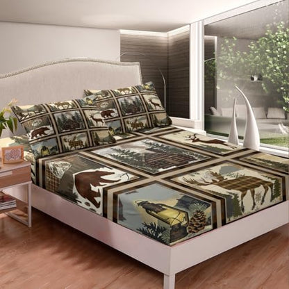 Feelyou Deer Bear Sheet Set Full Size Kids Rustic Cabin Plaid Bed Sheets Set Boys Girls Teens Wild Animal Grid Sheets with Deep Pocket Fitted Sheet Nature Wildlife Tree Bedding Set Camper Lodge - color: Brown Green, size: Full