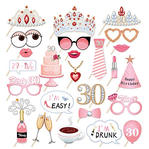 25 PCS Birthday Photo Booth Props 30th Party Supplies Holiday Picture Decorations Photo Booth Props for Birthday Party Favors Pose Sign Kit Fun for Girls Women - color: Pink-30
