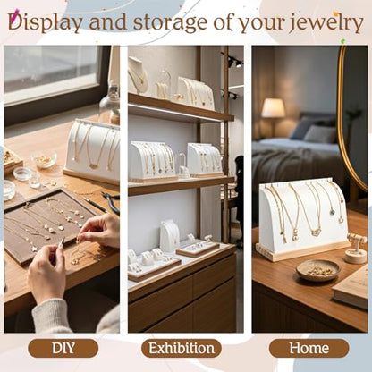 2 Pcs Cambered Wooden Necklace Display Stand with Soft PU Leather Mat, Necklace Bracelet Pendant Chokers Chains Organizer Holder, White Tabletop Jewelry Display Storage Holder for Selling Exhibition