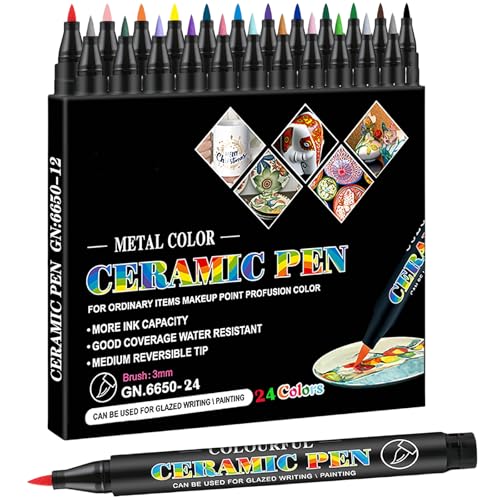 Permanent Marke Ceramics Pens 24 Colors Porcelain Paint Brush Pen for Both Glazed and Unglazed Ceramics Christmas Decoration Wine Markers for Adults - color: 24 Colors