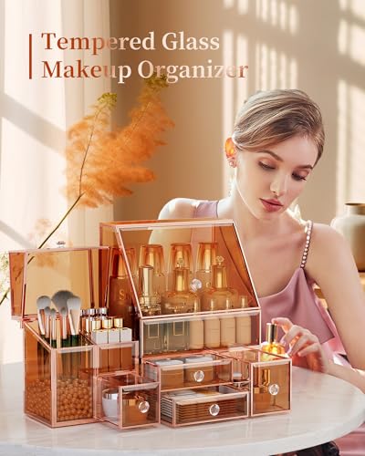 Youdepot Glass Makeup Storage for Vanity and Bathroom Countertop – Large Cosmetic Display Case and Skincare Storage Solution - color: Amber