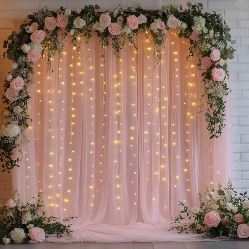 Pink Tulle Backdrop Curtain with Lights - 10x8ft Sheer Backdrop with 250 LEDs for Wedding, Baby Shower, Bridal Shower, Birthday Party Photo Shoot Background and Home Decorations - color: Pink, size: 10 x 8 Feet