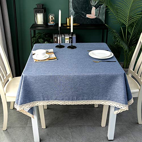 EHouseHome Faux Linen Tablecloth with Lace Trim - Waterproof/Spill Proof/Stain Resistant/Wrinkle Free/Oil Proof - for Banquet, Parties,Dinner,Kitchen,Wedding,Holiday,Denim Blue Square 70X70Inch - color: Denim Blue, size: 70" x 70" (Square)