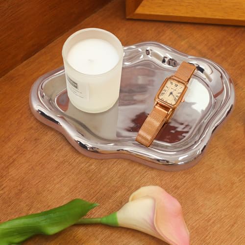CCINPPY Ceramic Jewelry Tray Trinket Dish, Decorative Cloud Vanity Key Tray for Women, Ring Holder Dish, Cute Jewelry Plate Bowl Room Decor Aesthetic, Silver, Large - color: Silver, size: 10.2" x 6.3" x 0.6"