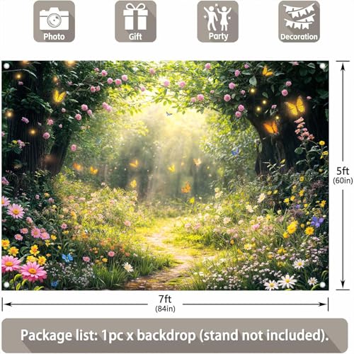 6 x 4 ft Enchanted Forest Photography Backdrop Fairy Tale Garden Background Floral Flower Butterfly Kids Girl Baby Shower Magic Wonderland Party Banner Decoration Spring Photo Booth Props - color: Green02, size: 6x4ft