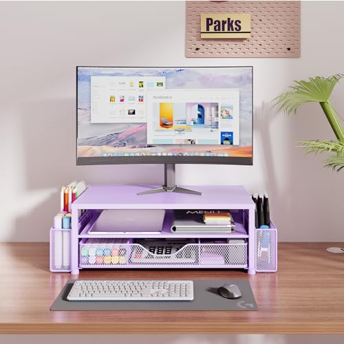 OPNICE Desk Organizers and Accessories, 2-Tier Computer Monitor Stand Riser with Drawer and 2 Pen Holders, Laptop Stand, Office Desk Accessories & Office Decor for Women, Purple - color: Purple 1-Pack
