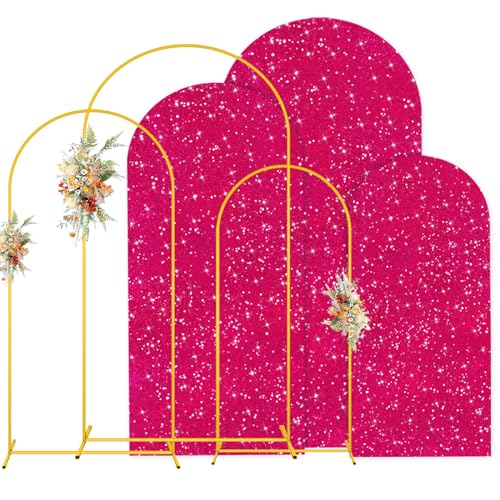 MODFUNS Metal Arch Backdrop Stand and Cover Set 4&5&6ft Hot Pink Sequins Arch Cover Gold Arch Frame with Covers Double Sided Arch Backdrop Covers for Wedding Banquet Reception Party Decor - color: Hot Pink, size: 4&5&6ft-set