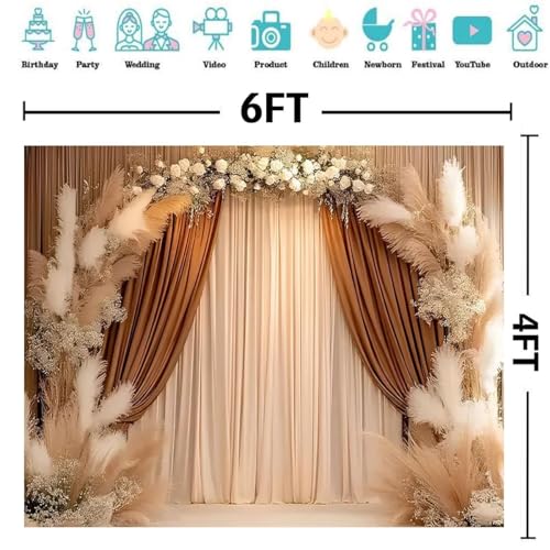 Bohemian Backdrop Beige Curtains Background Pampas Grass Floral Interior Decoration Girl Birthday Party Wedding Pregnant Portrait Photo Newborn Baby Photo Studio Props (6X4FT) - size: 6X4FT