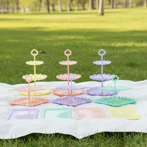 Pack of 11 NWK Cake Stand Set, with 3 x Two-Tier and 3 x Three-Tier Cupcake Stands, 4 x Appetizer Trays, 1 x Tablecloth for Birthday Bridal Baby Shower Party (Colorful) - color: Colorful