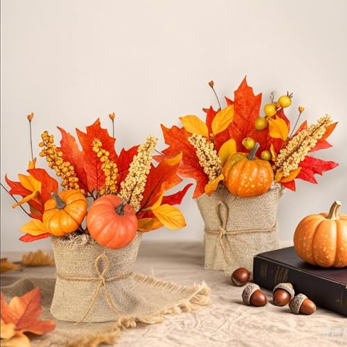 2 Styles Thanksgiving Decorations - 2 Pack 10 Inch Fall Decorations Tabletop Fall Tree Thanksgiving Table Centerpieces Maple Tree with Pumpkin Leafed Berry Wheat Thanksgivings Centerpieces for Tables