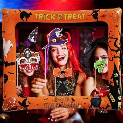 30 pcs Halloween Photo Booth Props with Jumbo Inflatable Selfie Photo Booth Frame, Funny Spooky Selfie Props for Halloween Party Decorations, Trick or Treat Party Decoration