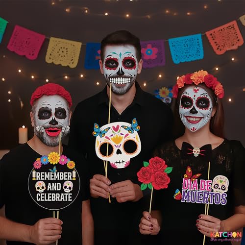 KatchOn, Halloween Props Set - Pack of 35 | Day of The Dead Photo Booth Prop for Mexican Party Decorations | Creepy Halloween Props for Photobooth, Sugar Skull Decor - color: Black and Pink