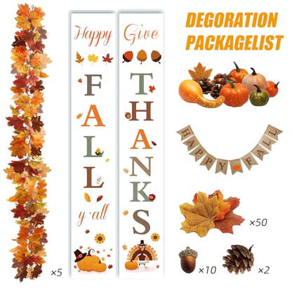 Fall Decor Set 5 Pack 5.9Ft Artificial Fall Maple Leaves Garland - 70pcs with Mini Pumpkins kit, Happy Fall Porch Banner Welcome Signs Autumn Decor for Thanksgiving Home & Fall Decorations