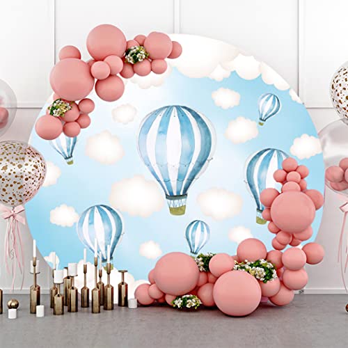 Blue Hot Air Balloon Round Backdrop Cover 7.5x7.5ft Polyester Fantasy Cartoon Fairy Tale World Blue Sky White Clouds Sky Adventure Photo Background Kids Boys Baby Shower Birthday Party Props - color: Blue01, size: 7.5x7.5ft-Diameter