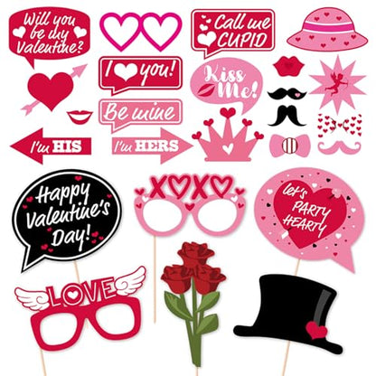 Valentine's Day Photo Booth Props Lovers Selfie Photobooth Props for Photography Funny Heart Rose Glasses Beard Lips Hat Wedding Props Decoration for Valentine's Theme Party Supplies 25 Pcs