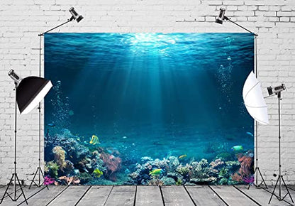BELECO Underwater World Backdrop 10x8ft Fabric Undersea Backdrop for Photography Under The Sea Tropical Fish and Corral Deep Sea Sunlight Seabed Background Undersea Party Decor Photo Studio Props - size: 10x8FT