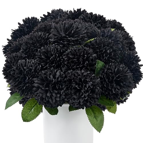 SITUMEIZI 12 Pcs Black Artificial Chrysanthemums Flowers Ball Flower Fake Mums Silk for Halloween Thanksgiving Day Fall Wedding Home Decoration Floral Arrangement - color: Black, size: 12 Pieces