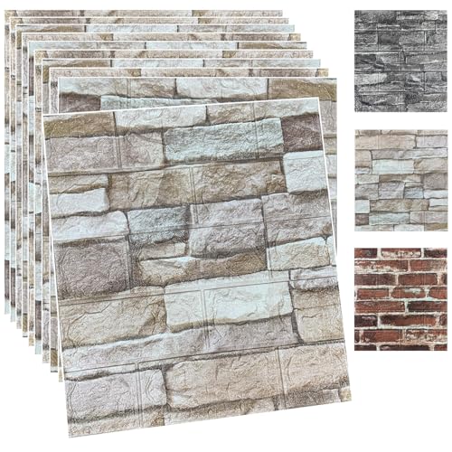 10PCS 3D Wall Panels Peel and Stick Foam 3D Brick Wallpaper Peel and Stick Faux Stone Wall Panel Self-Adhesive Wallpaper (10PCS, Rock Color) - color: Rock color, size: 10PCS