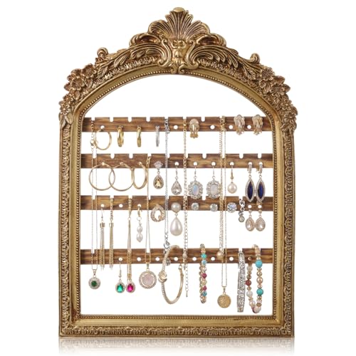 1 Pcs 10 x 6.9'' Wall Hanging Earring Holder Organizers Vintage Arched Frame 4 Layer Wall Mounted Jewelry Holder Decorative Retro Baroque Stud Earring Display (Gold) - color: Gold, size: 10 x 6.9''