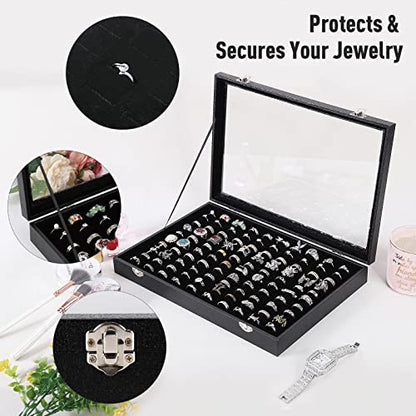 100 Slots Ring Case Organizer Display Box,Rings Holder Storage Boxes for Jewelry Showcase with Glass Lid (Black Velvet).