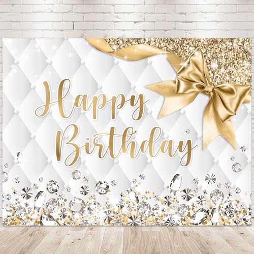 Newsely Gold and White Birthday Backdrop 8Wx6H Photography Happy Birthday Bowknot Elegant Bday Girls Women Diamonds Golden Background Modern Luxury Party Decorations Banner Photo Booth Props Supplies - color: B-Gold Silver, size: 8Wx6H