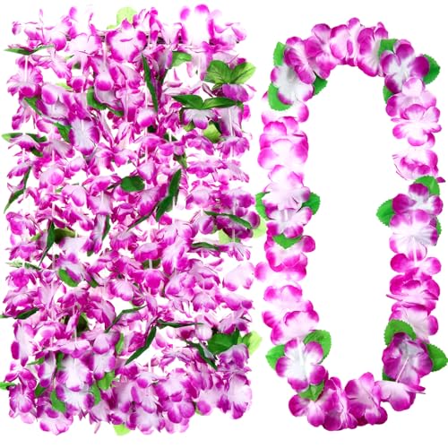 Hoteam 24 Counts Purple White Hawaiian Leis Necklace Tropical Flower Lei Floral Luau Party Decorations Flower Luau Necklaces Hula Dance Garland Headbands for Graduation Beach Birthday Wedding Party - color: Purple White