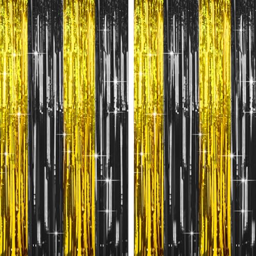 4 Packs Black and Gold Foil Fringe Curtain, Black Gold Metallic Tinsel Backdrop for Birthday, Wedding, Graduation Decorations 2025, Anniversary, Retirement Party Decorations Supplies - color: Black Gold
