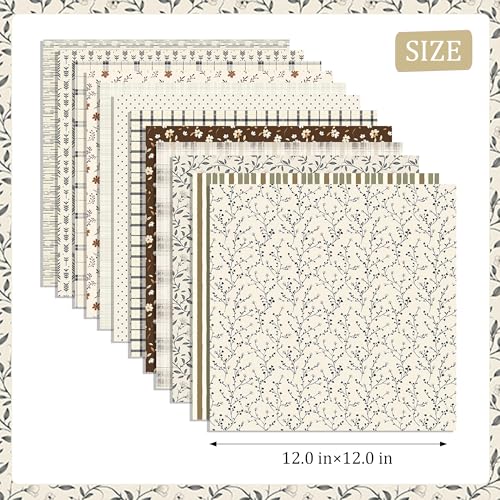 Vintage Neutral Scrapbook Paper Pad 12x12 Inch - 24 Sheets Double Sided Antique White Brown Beige Patterned Craft Paper, Plaid Wood Floral Texture Backgrounds for Albums, Wedding Journals, DIY Crafts