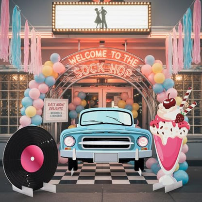 Soulchen 3 Pcs Large 50s Photo Booth Props Party Decorations Retro Car Soda Cup Record Disc Cardboard Cutout 50s Photo Backdrop Sign Birthday Decorations for Rock and Roll 1950s Party Supplies - style: 50s