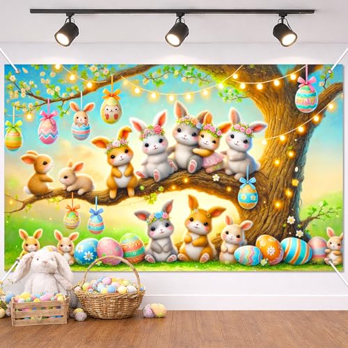 BlissYard Happy Easter Party Banner Spring Easter Bunny Backdrop Decorations Cute Rabbits Colorful Eggs Photography Background Banner for Easter Spring Party Baby Shower Party Decorations 71 x 43 - color: Easter Bunny#8