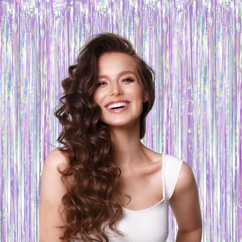 Voircoloria 2 Pack Iridescent Purple Foil Fringe Curtains, Glittering Tinsel Streamers Party Decorations,Mermaid Fringe Backdrop for Gir's Birthday, Bachelorette, Baby Shower Theme Party - color: 38 Iridescent Purple