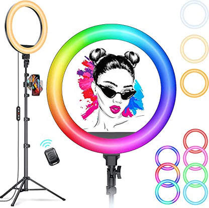 Kaiess 10.2" Selfie Ring Light with 65" Adjustable Tripod Stand & Phone Holder for Live Stream/Makeup, Upgraded Dimmable LED Ringlight for Tiktok/YouTube/Zoom Meeting/Photography (RGB) - color: rgb