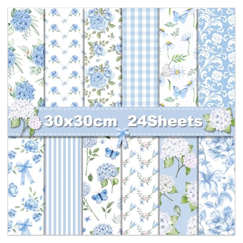 Blue Floral Scrapbook Paper, 24 Sheets Double Sided, Hydrangea Flowers Decorative Cardstock Patterned Paper for Card Making, Photo Album, Journal, DIY Craft - color: Light Blue Hydrangea