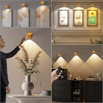 Picture Lights for Wall Wireless with Magnetic,2000mAh Rechargeable Picture Frame lights with Dimmable,Puck Lights with Remote Control,Art Lighting for Paintings,Counter, Shelf,Bookcase(4 Pack,Gold) - color: Gold-4 PACK