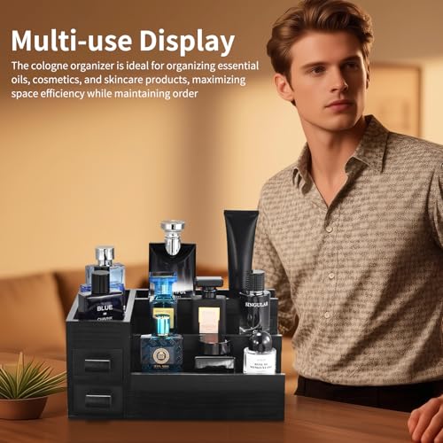 Perfume Stand Organizer for Men, 3 Tier Perfume Display Shelf with Velvet Lining Drawer and Hidden Compartment,Display Risers (Black - 2 Drawer) - style: 2 drawer - Black