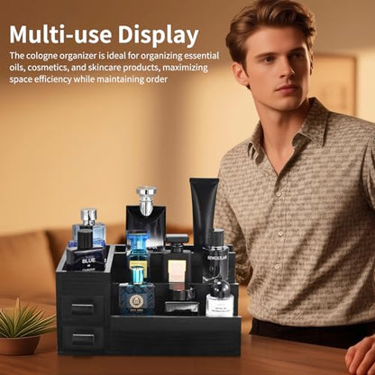 Perfume Stand Organizer for Men, 3 Tier Perfume Display Shelf with Velvet Lining Drawer and Hidden Compartment,Display Risers (Black - 2 Drawer) - style: 2 drawer - Black