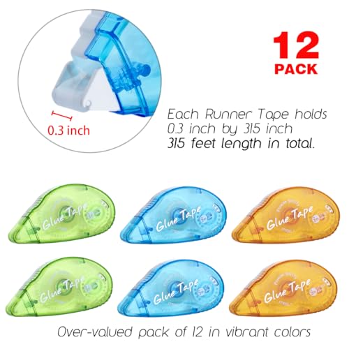 12 Pack Double Sided Tape Roller, Scrapbooking Tape, Permanent Adhesive Tape Dispenser Runner for Crafts and Arts Projects, Photo-Safe - color: Yellow+green+blue