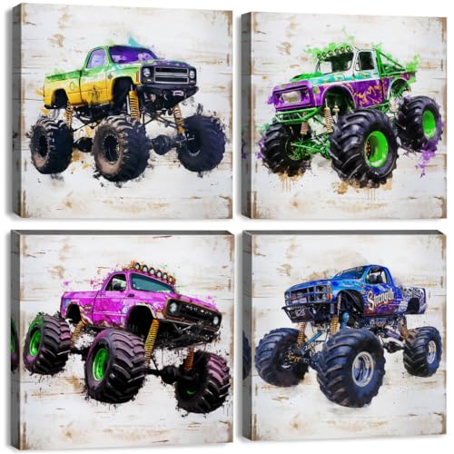 Monster Truck Room Wall Decor for Boys Bedroom Rustic Monster Truck Canvas Painting Kids Wall Art Watercolor Car Posters Vehicle Pictures Prints Artwork Teens Baby Nursery Playroom Birthday Gift - color: Monster Truck, size: 16"l X 16"w