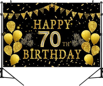 5x3ft Happy 70th Birthday Party Photography Backdrop, Glitter Black and Gold Balloons Background for Woman Man Fabulous 70 Bday Shining Diamond Seventy Years Old Birthday Party Supplies - color: 70th, size: 5x3ft
