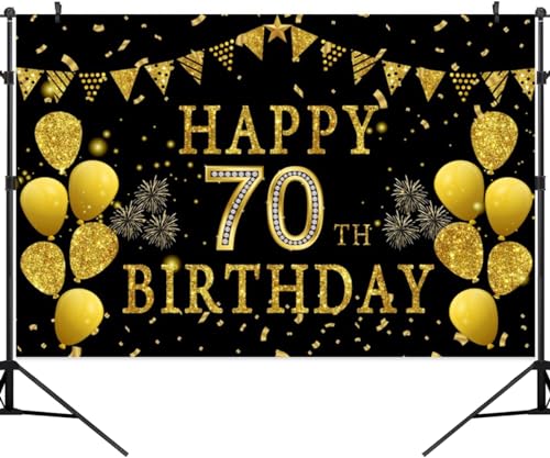 5x3ft Happy 70th Birthday Party Photography Backdrop, Glitter Black and Gold Balloons Background for Woman Man Fabulous 70 Bday Shining Diamond Seventy Years Old Birthday Party Supplies - color: 70th, size: 5x3ft